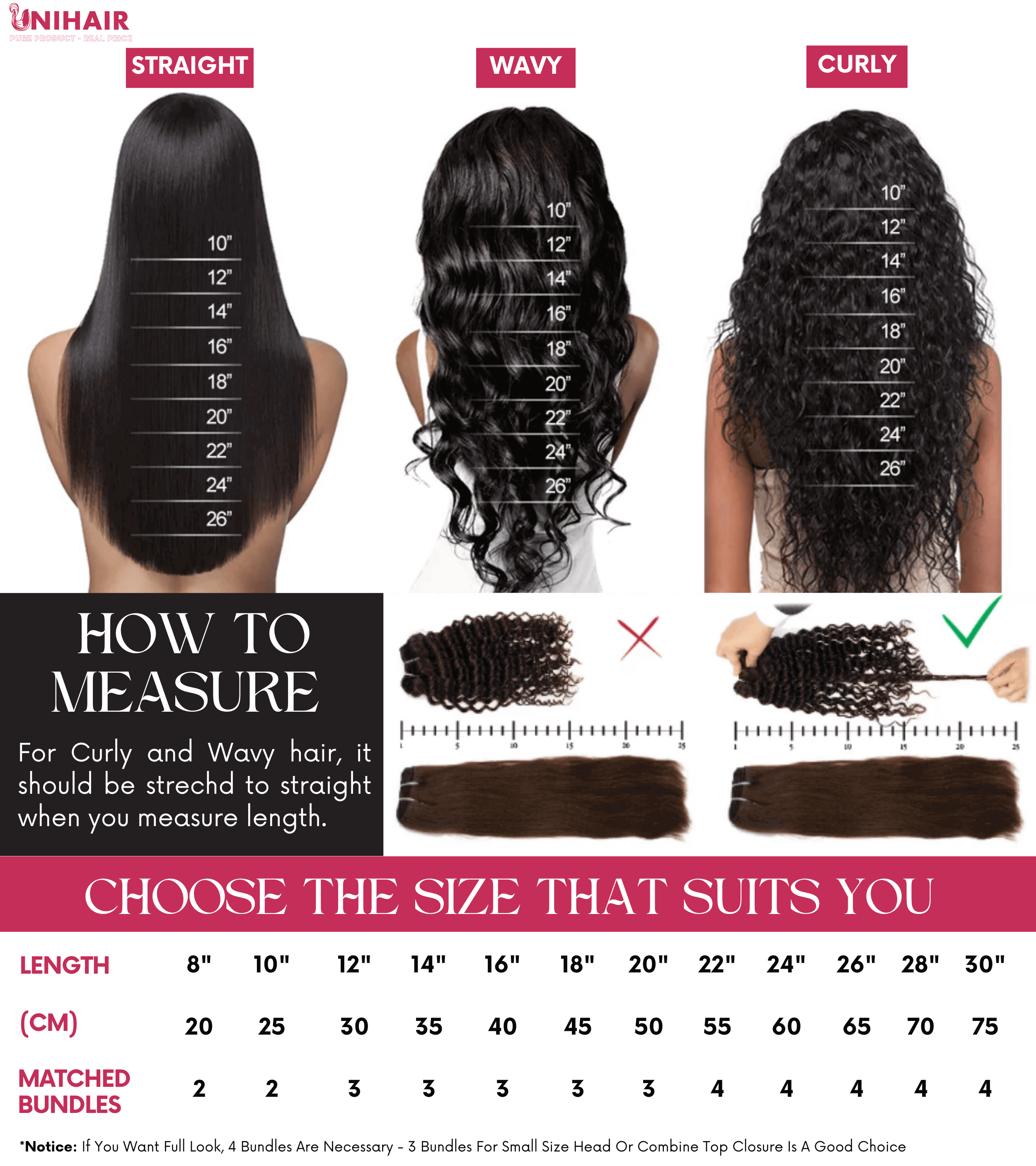 Genius Weft Human Hair Extensions with #613 Color Straight Hair 2 UNI Hair length chart